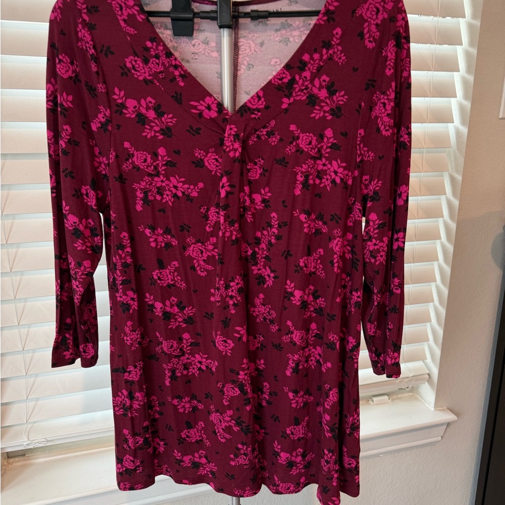 Lane Bryant Burgundy Floral Long Sleeve Top